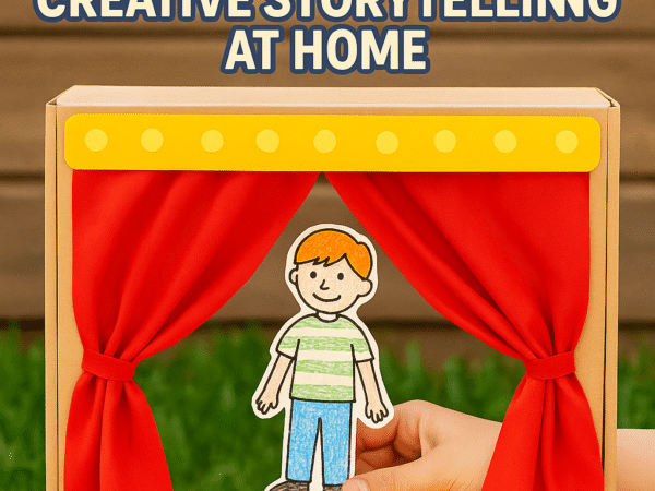 DIY puppet theater setup with cardboard stage, handmade puppets, and craft decorations for kids' role-play activity