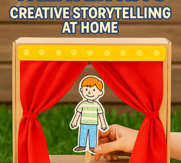 DIY puppet theater setup with cardboard stage, handmade puppets, and craft decorations for kids' role-play activity