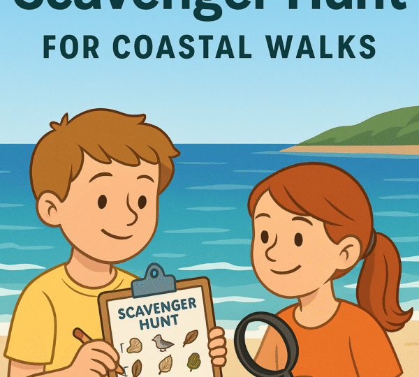 Two children exploring beach with checklist and magnifying glass during coastal scavenger hunt