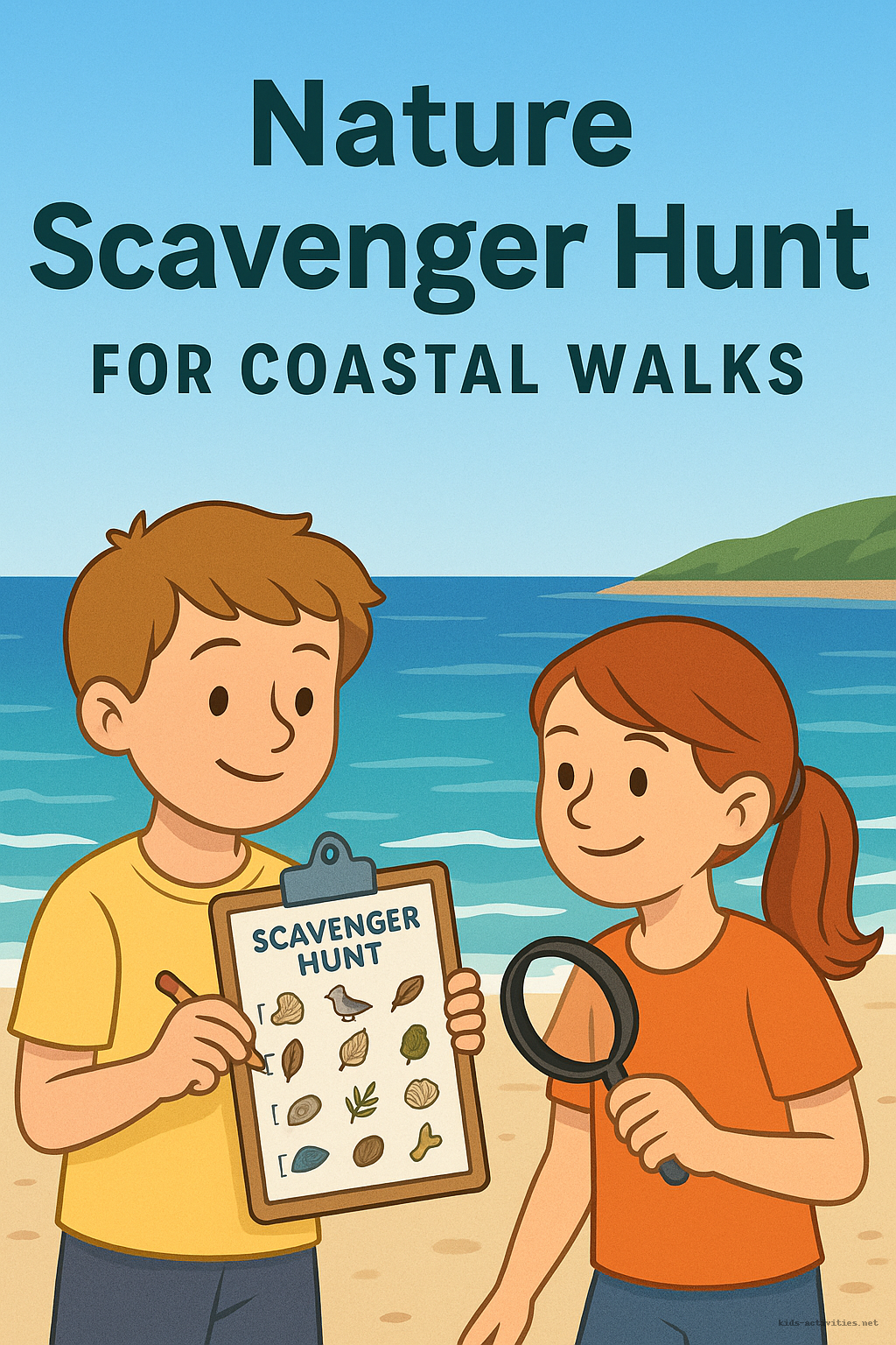 Nature_Scavenger_Hunt_Main_With_Watermark - Kids Activities Two children exploring beach with checklist and magnifying glass during coastal scavenger hunt