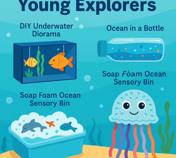 Ocean-themed poster with diorama, bottle, sensory bin, and jellyfish craft
