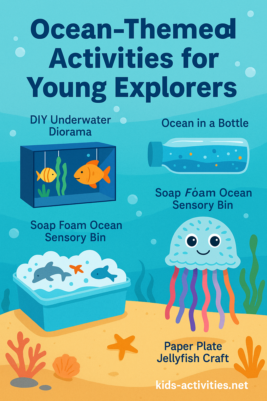 Ocean-Themed Activities Poster for Kids - Kids Activities Ocean-themed poster with diorama, bottle, sensory bin, and jellyfish craft
