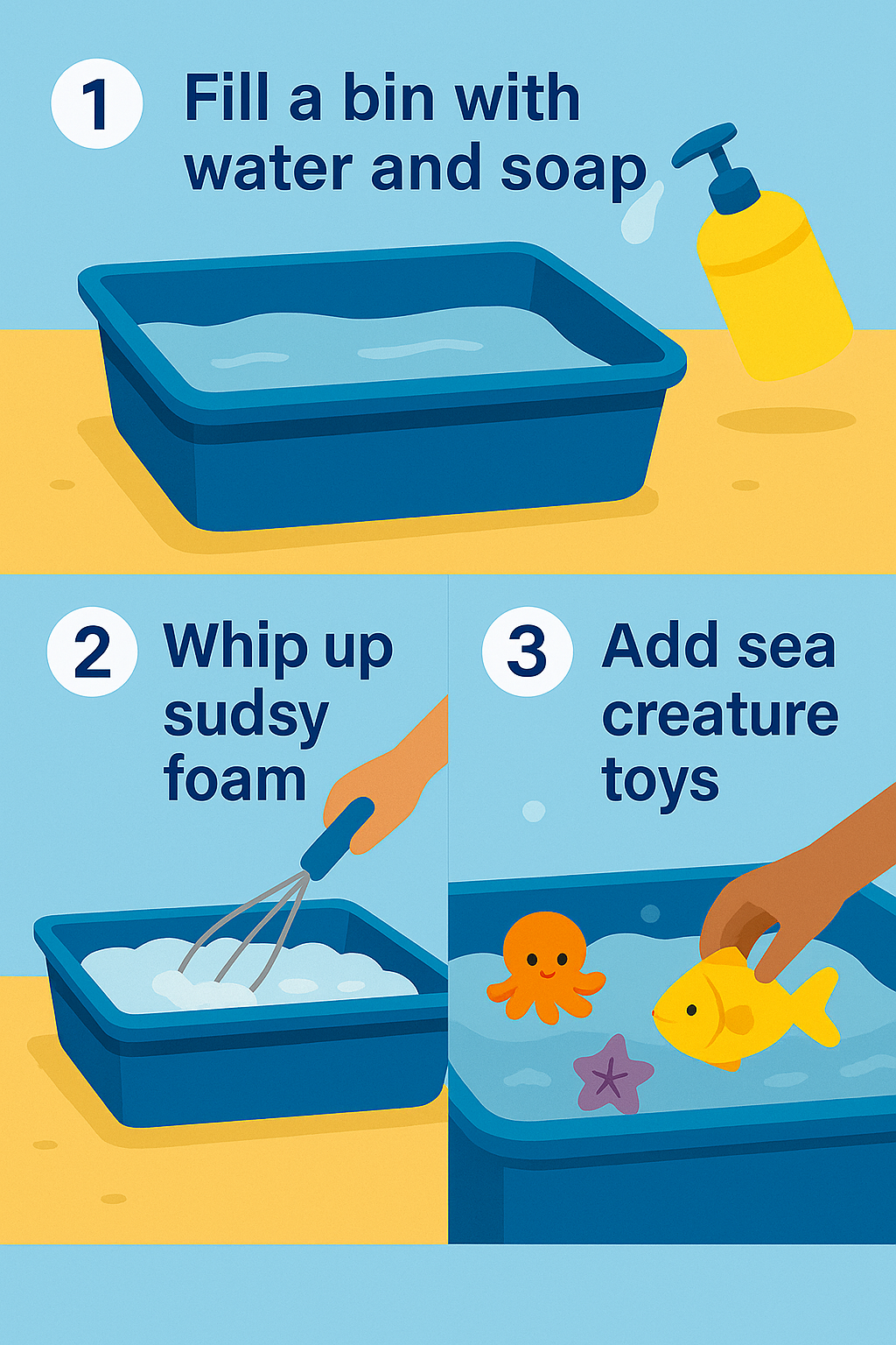 Soap_Foam_Sensory_Bin_3Steps_kids-activities-net - Kids Activities Step-by-step instructions for making a soap foam ocean sensory bin with water, whisk, and sea animal toys