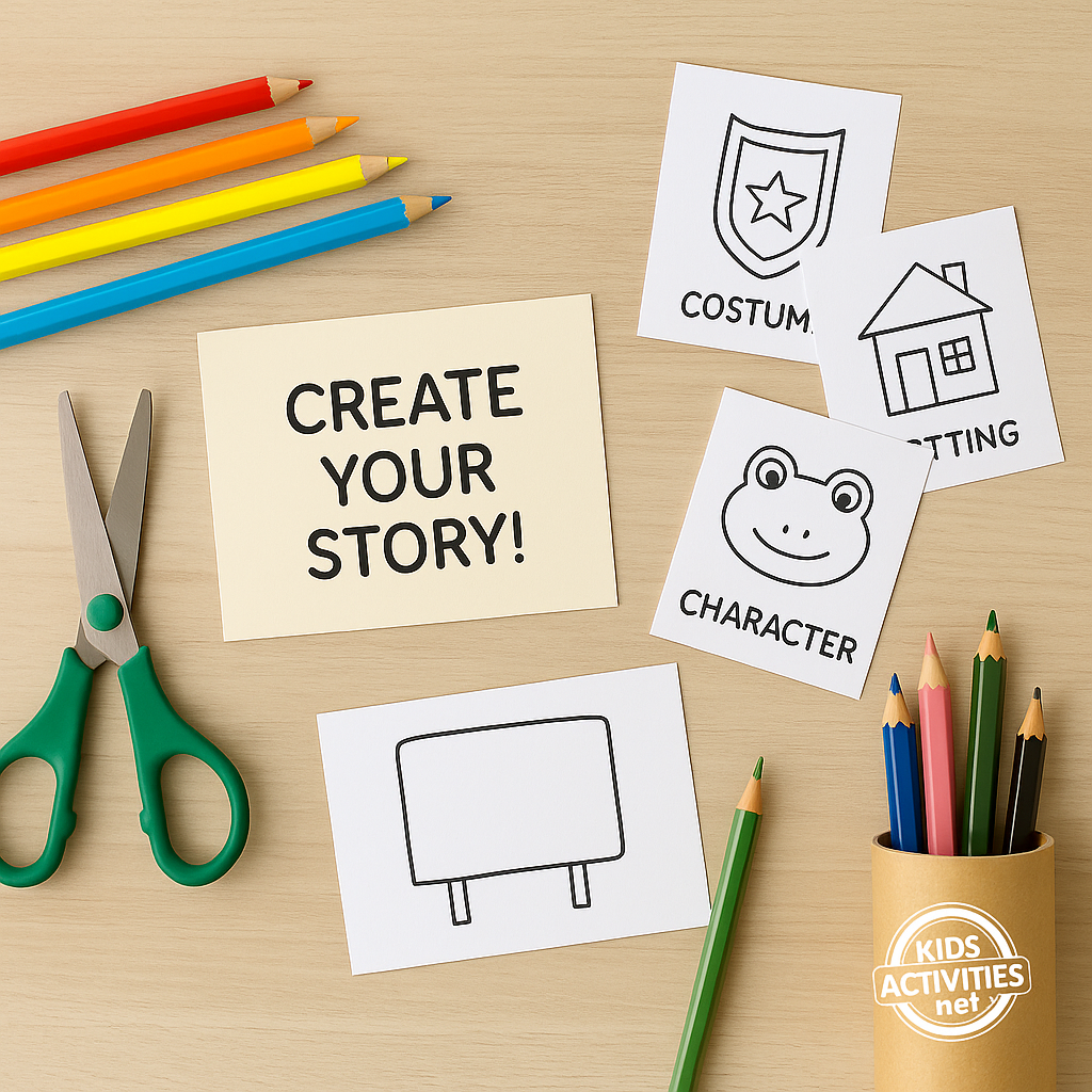 Story_Cards_Craft_Table_Setup_kids-activities-net - Kids Activities A tabletop view of story cards, markers, scissors, and paper in a children's character-building activity setup
