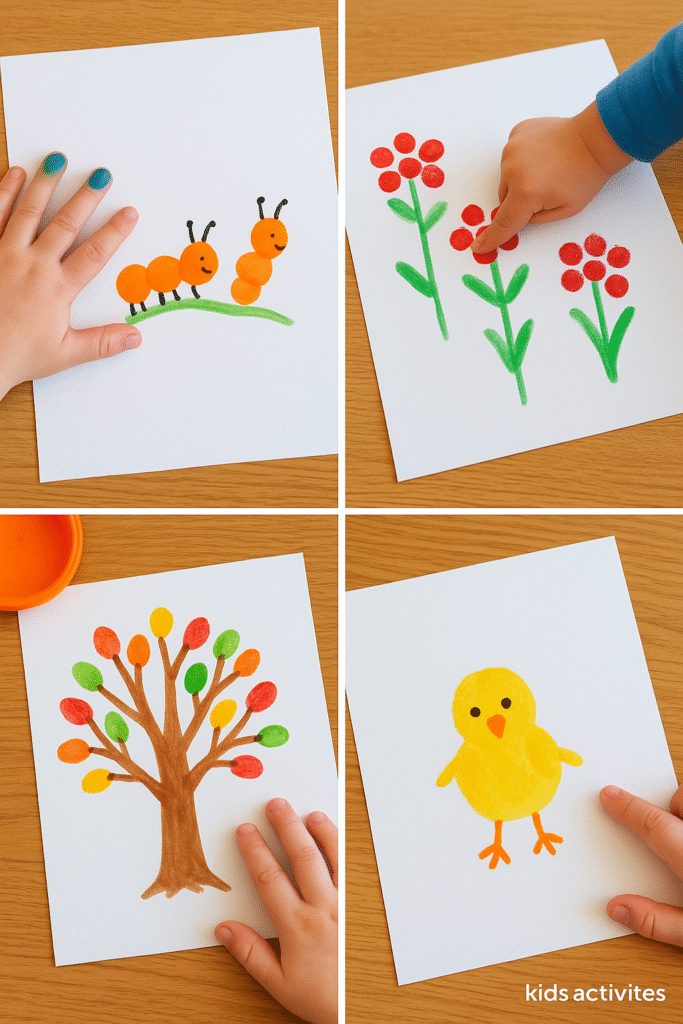 reschool Fingerprint Art Ideas – Trees, Insects, Flowers, and More - Kids Activities A collage of four fingerprint art projects including a caterpillar, fingerprint flowers, an autumn tree, and a yellow chick made by preschool children