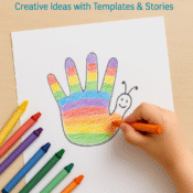 Child drawing a rainbow snail from a traced handprint using crayons – handprint drawing activity for kids aged 3 to 10