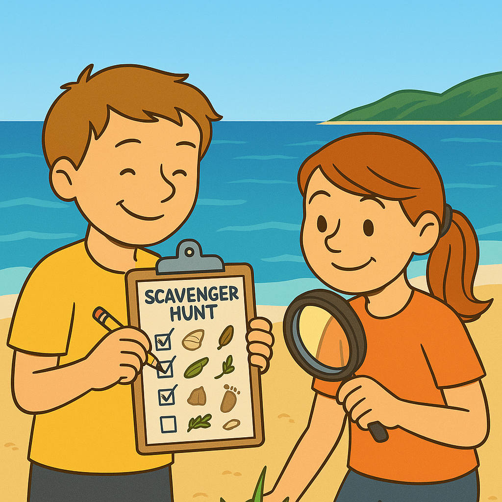 Children Completing a Nature Scavenger Hunt at the Beach - Kids Activities Two children completing a coastal scavenger hunt by checking off a beach-themed checklist with magnifying glass and pencil