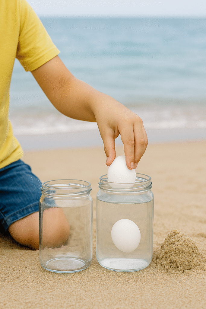 Child Testing Egg Buoyancy in Saltwater Science Activity - Kids Activities Child placing egg in glass jar of saltwater on the beach during science experiment