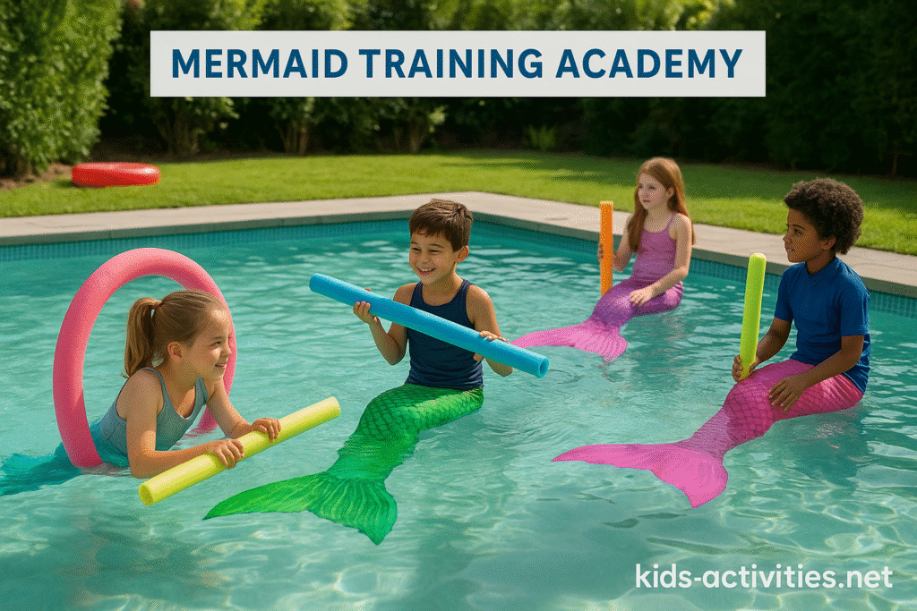 Mermaid Training Academy – Kids Practising Pool Skills - Kids Activities Four kids wearing mermaid tails playing in a pool with training props