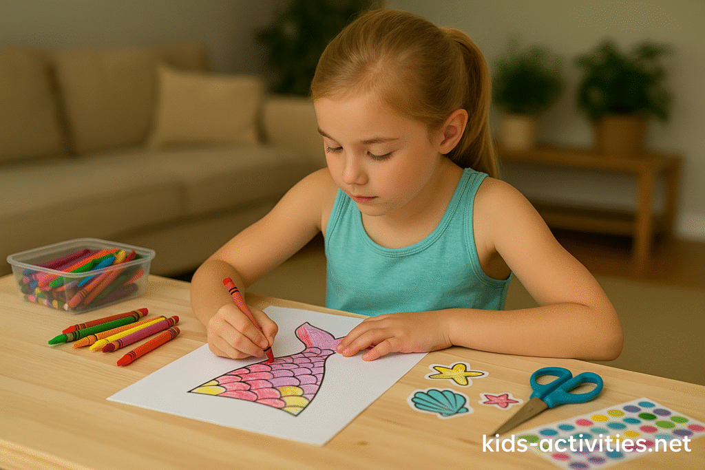 Design Your Mermaid Fin – Creative Craft Activity for Kids - Kids Activities Girl designing a colourful mermaid fin with crayons and stickers
