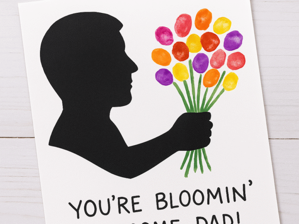 Child-made Father’s Day silhouette craft with colorful fingerprint flower bouquet and handwritten message