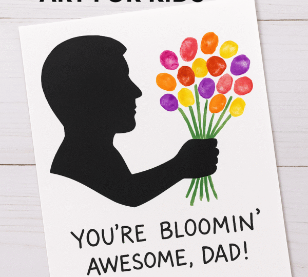 Child-made Father’s Day silhouette craft with colorful fingerprint flower bouquet and handwritten message