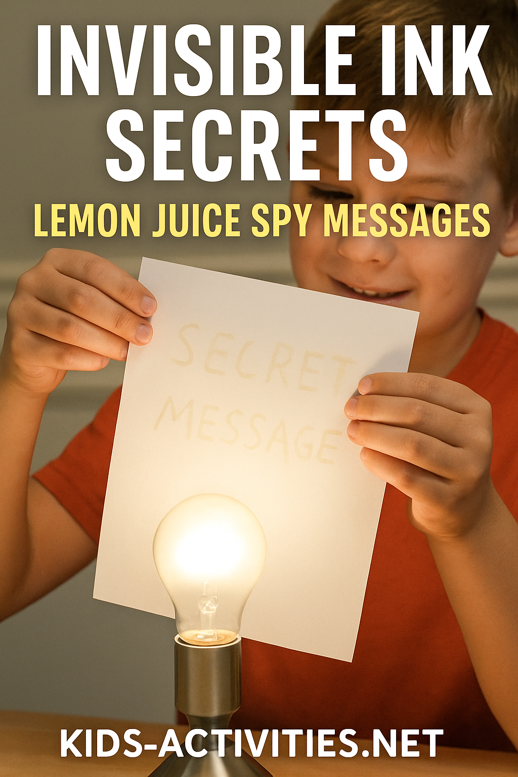 Child revealing lemon juice message over lamp - Kids Activities Kid holding invisible ink message over light bulb to reveal writing