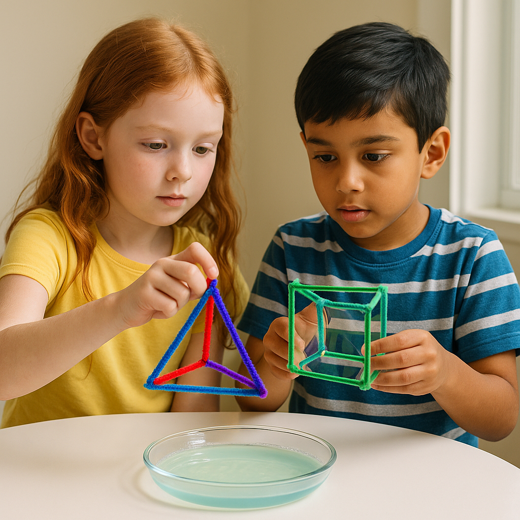 Two kids explore bubble geometry with pyramid and cube-shaped pipe cleaner frames