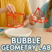 Kids exploring geometry with bubble solution and pipe cleaner 3D shapes