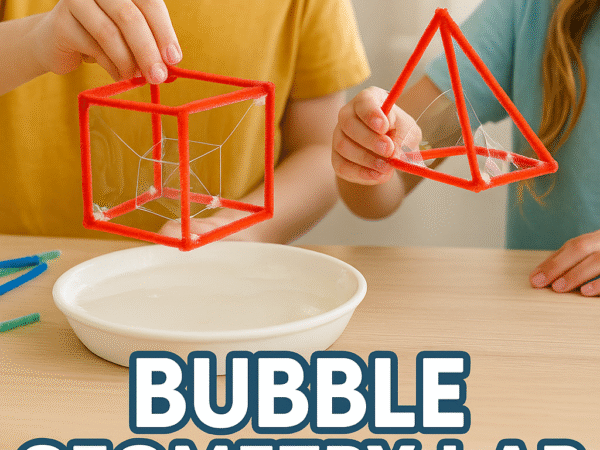 Kids exploring geometry with bubble solution and pipe cleaner 3D shapes