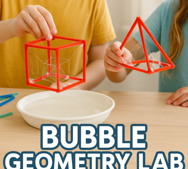 Kids exploring geometry with bubble solution and pipe cleaner 3D shapes