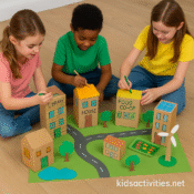 Kids building a cardboard eco town using cereal boxes and recycled craft materials