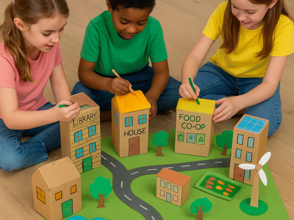 Kids building a cardboard eco town using cereal boxes and recycled craft materials