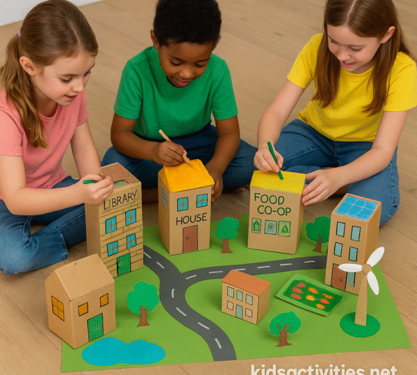 Kids building a cardboard eco town using cereal boxes and recycled craft materials