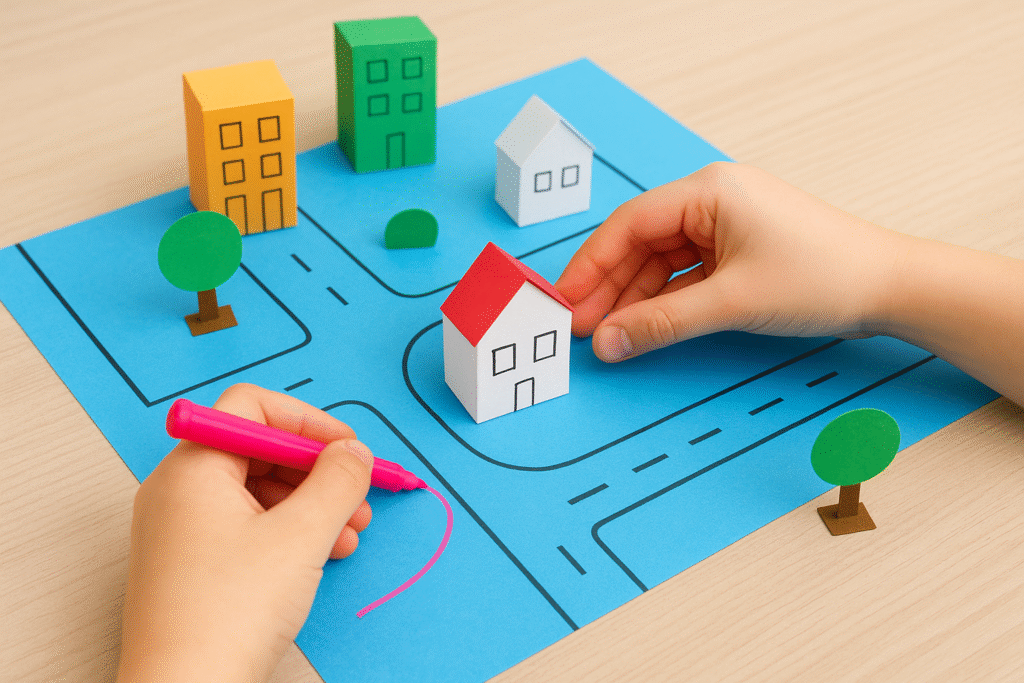 Child Building a Paper Town with Roads and Miniature Houses - Kids Activities A child’s hands placing a paper house onto a blue cardboard city layout with hand-drawn roads and trees