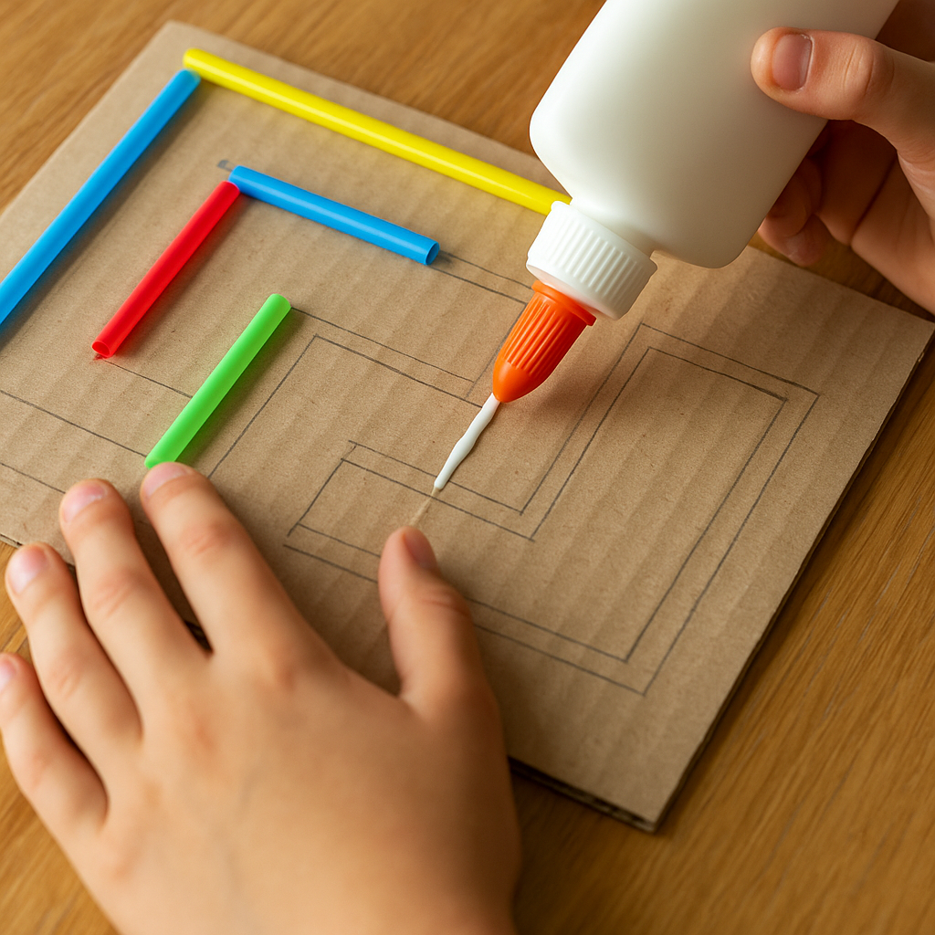 Child Gluing Straw Walls onto Cardboard Maze Base - Kids Activities Close-up of a child's hands applying glue to a cardboard maze design and preparing to attach colourful straws