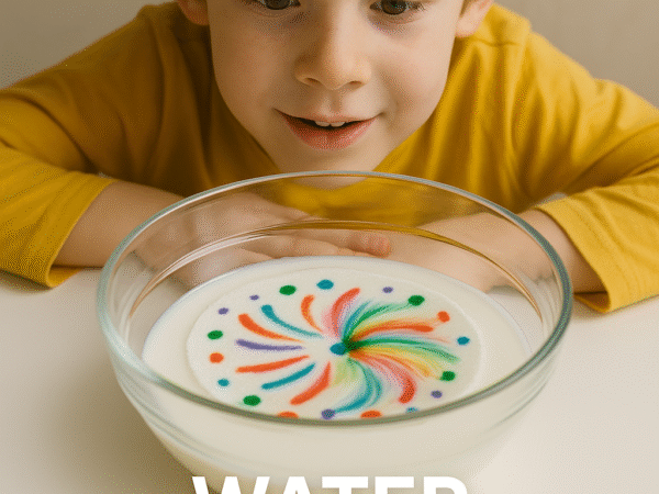 Young boy watching colourful dye burst in expired milk during water fireworks science experiment
