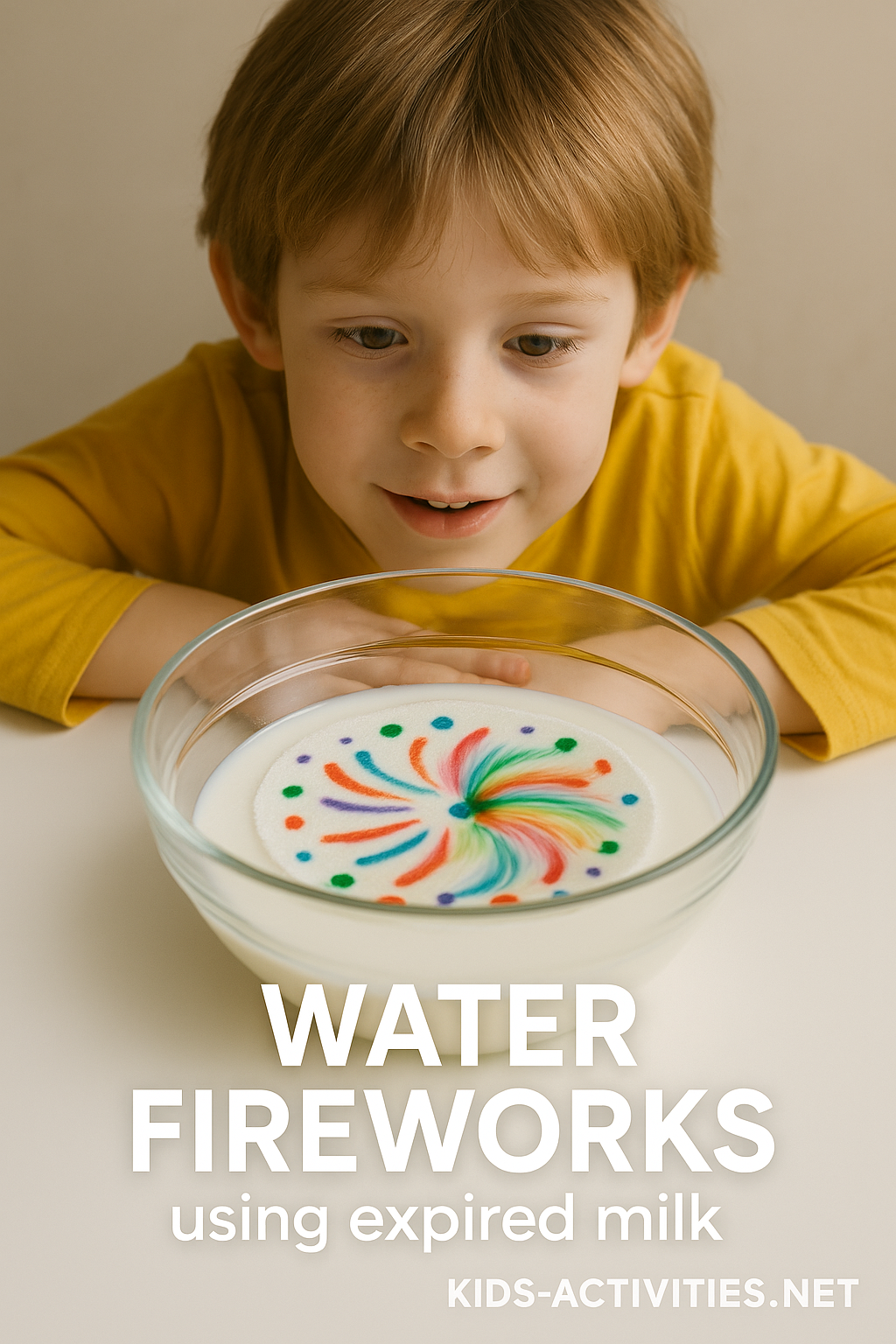 Water Fireworks Experiment with Expired Milk - Kids Activities Young boy watching colourful dye burst in expired milk during water fireworks science experiment