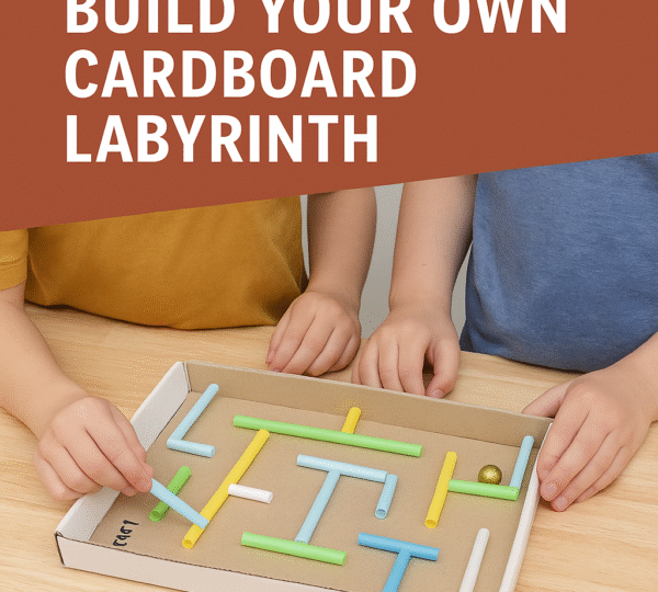 Two children building a cardboard marble maze using colourful straws