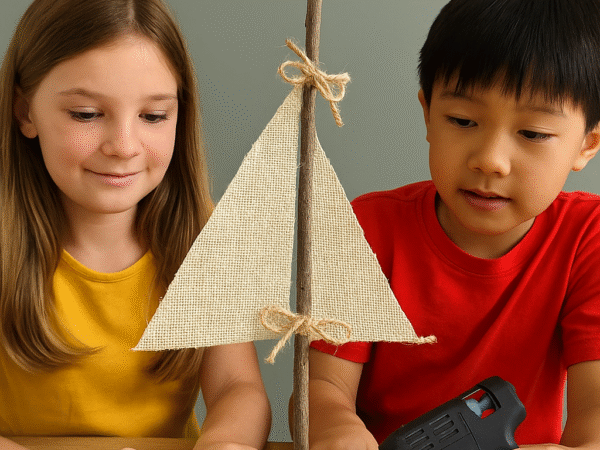 Two children assembling a DIY sailboat using sticks, burlap sails, and twine on a table