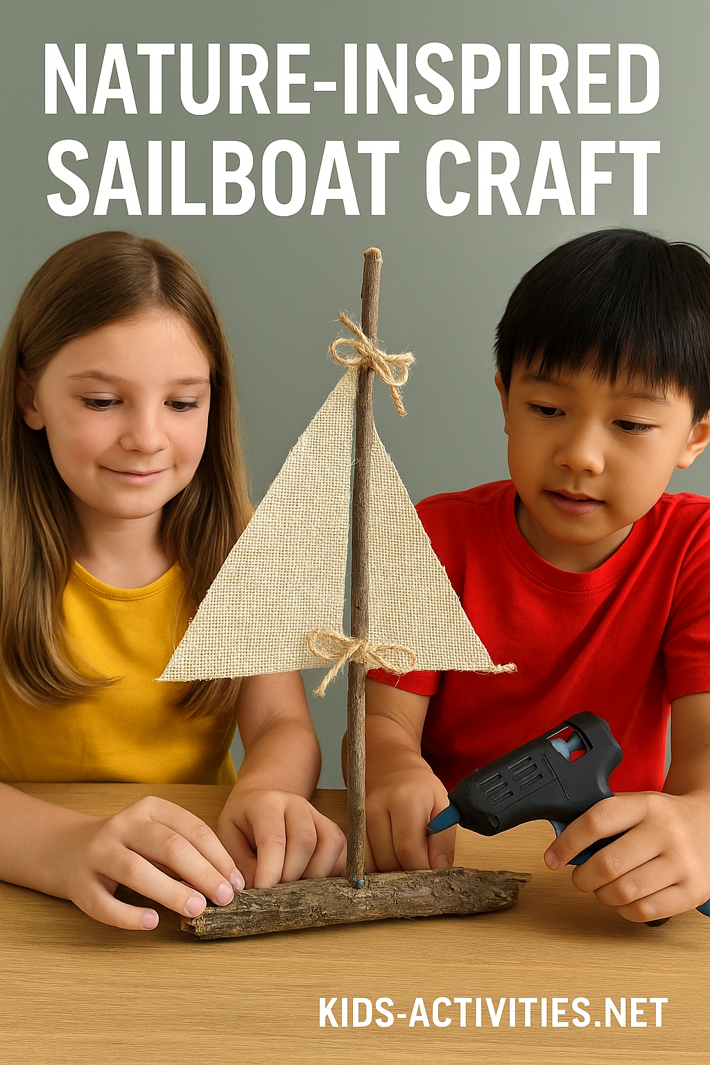 Nature-Inspired Sailboat Craft - Kids Activities Two children assembling a DIY sailboat using sticks, burlap sails, and twine on a table
