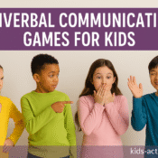 Four children demonstrating nonverbal gestures like pointing, waving, and hand-to-heart during a communication game