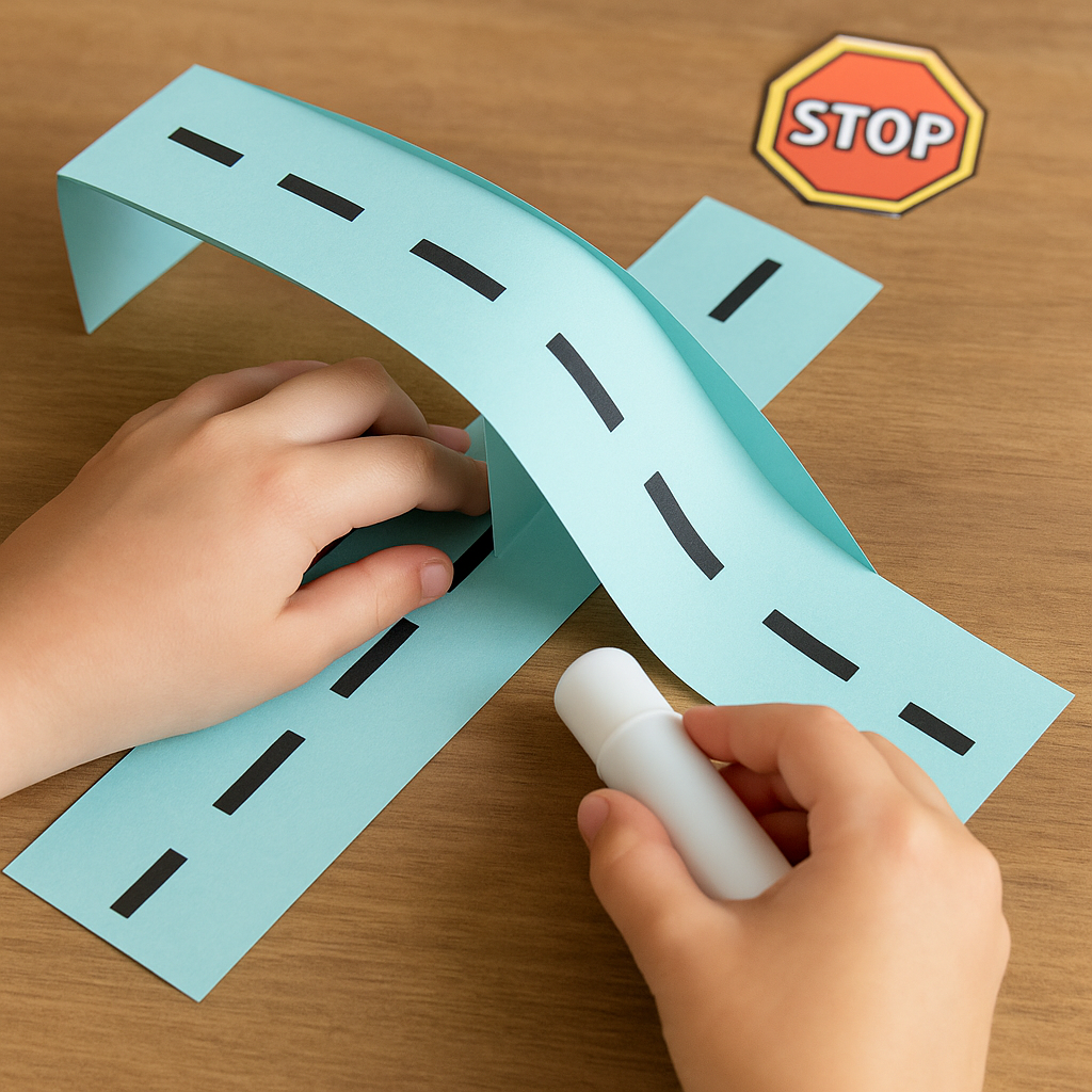 Child Assembling Folded Paper Bridge Craft - Kids Activities Close-up of a child’s hands folding and gluing a paper overpass bridge with colorful road lines