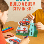 Colorful paper overpass scene with fire truck, ambulance, and toy cars crafted by children