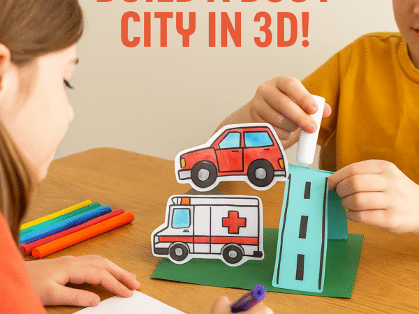 Colorful paper overpass scene with fire truck, ambulance, and toy cars crafted by children