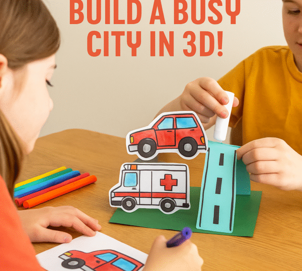 Colorful paper overpass scene with fire truck, ambulance, and toy cars crafted by children
