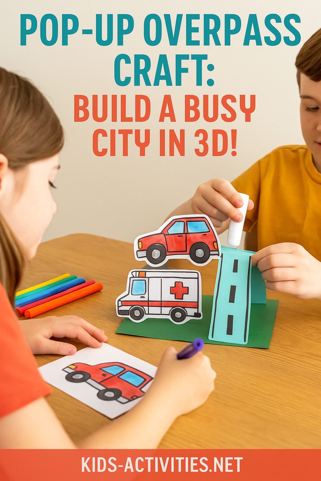 Pop-Up Paper Overpass Craft for Kids - Kids Activities Colorful paper overpass scene with fire truck, ambulance, and toy cars crafted by children