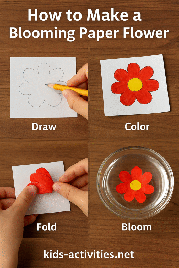 How to Make a Blooming Paper Flower – Realistic Step-by-Step Photo Guide - Kids Activities Four photo steps showing how to draw, color, fold, and bloom a red paper flower in water