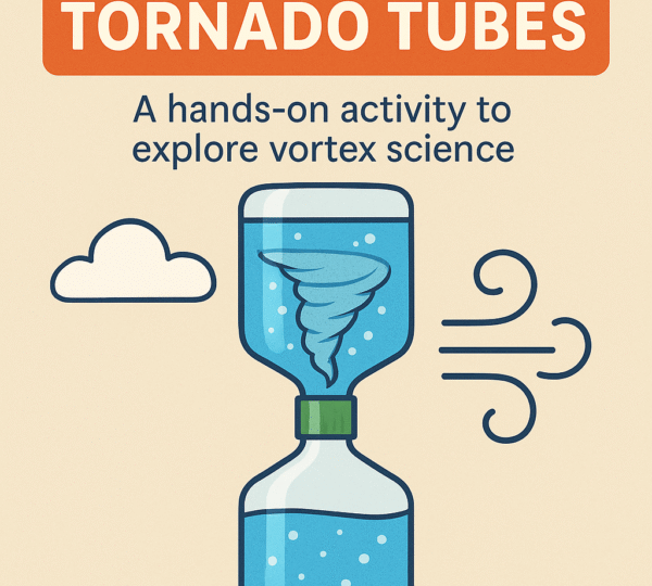 Illustrated tornado tube with swirling water and wind lines, showing science experiment concept