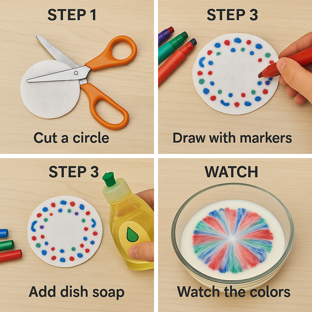 Step-by-Step Milk Fireworks Science Activity - Kids Activities Four-step visual guide showing how to cut a circle, decorate with markers, add dish soap, and observe colour reactions in milk