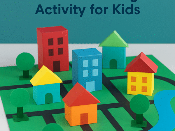 Paper buildings and roads forming a miniature cardboard city layout for children’s urban planning activity