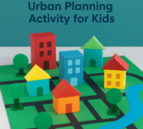 Paper buildings and roads forming a miniature cardboard city layout for children’s urban planning activity