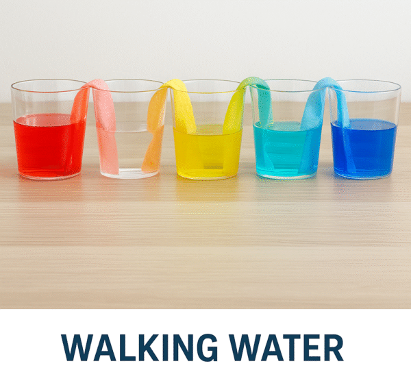 Six cups with colourful water and paper towels showing rainbow walking water experiment for kids