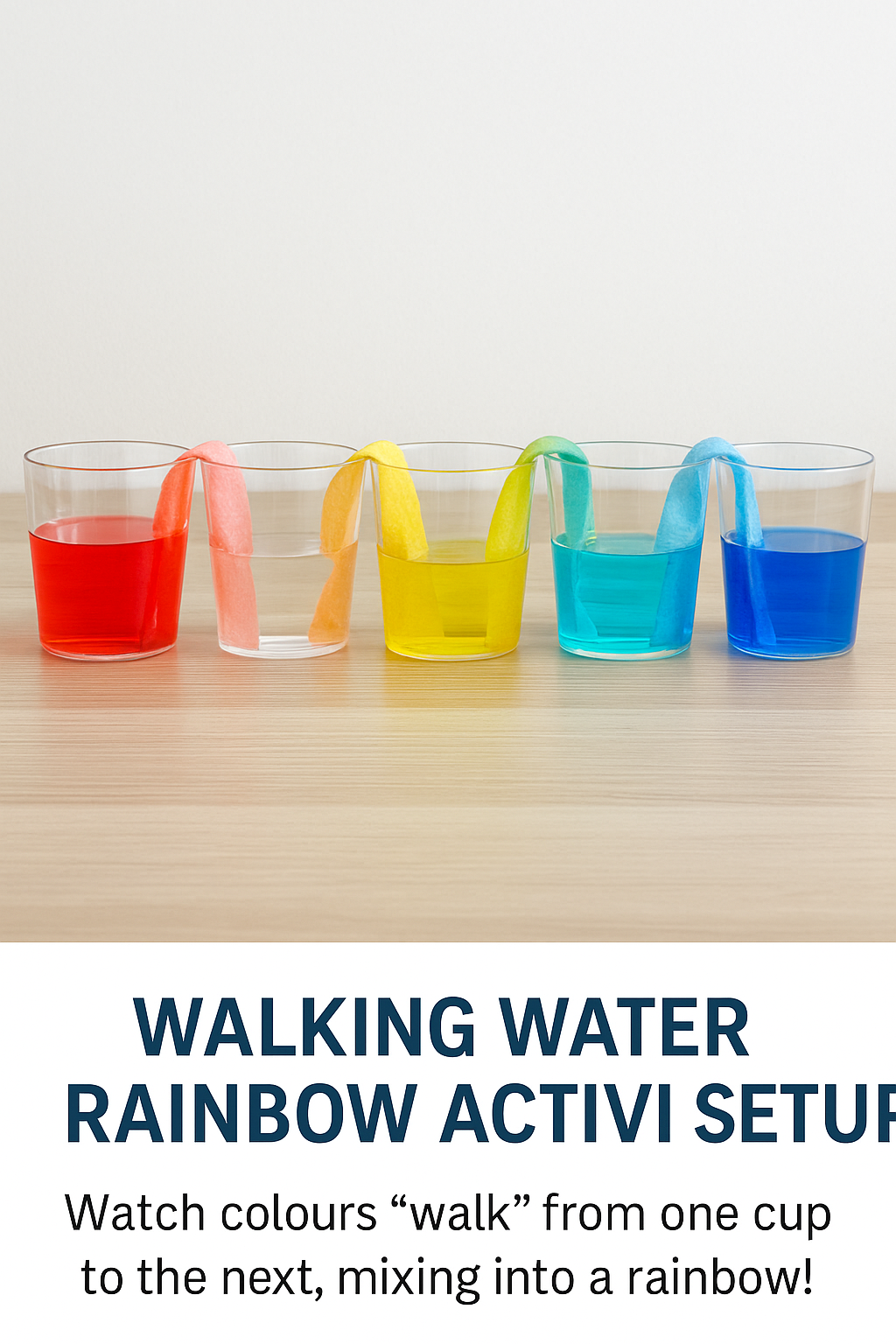 Six cups with colourful water and paper towels showing rainbow walking water experiment for kids