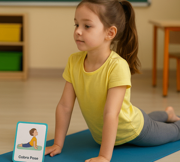 Young girl practicing Cobra Pose with a yoga card on a mat during classroom break