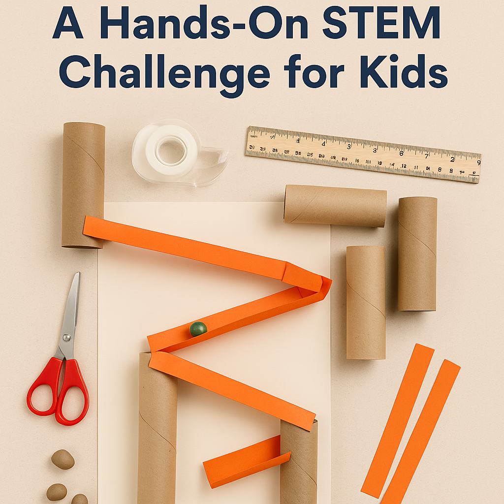 Overhead view of a marble roller coaster being constructed with cardboard tubes and orange paper strips on a beige background, with scissors, ruler, tape, and marbles nearby