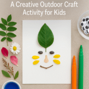 Flat lay of a nature-inspired portrait for kids made from leaves, petals, seeds, and twigs, with craft tools like markers and googly eyes on a beige background