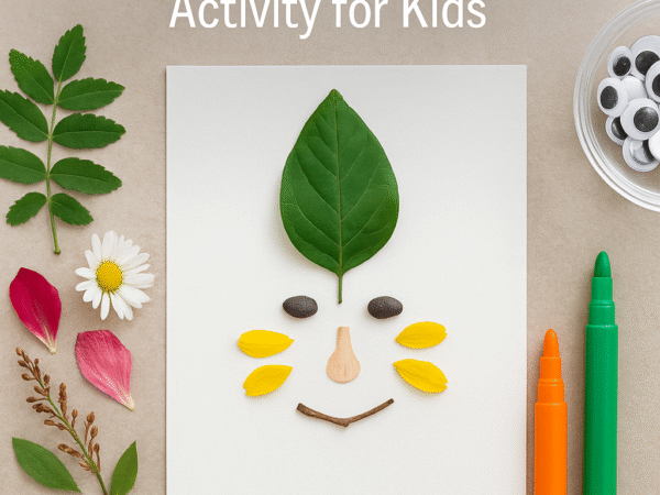 Flat lay of a nature-inspired portrait for kids made from leaves, petals, seeds, and twigs, with craft tools like markers and googly eyes on a beige background