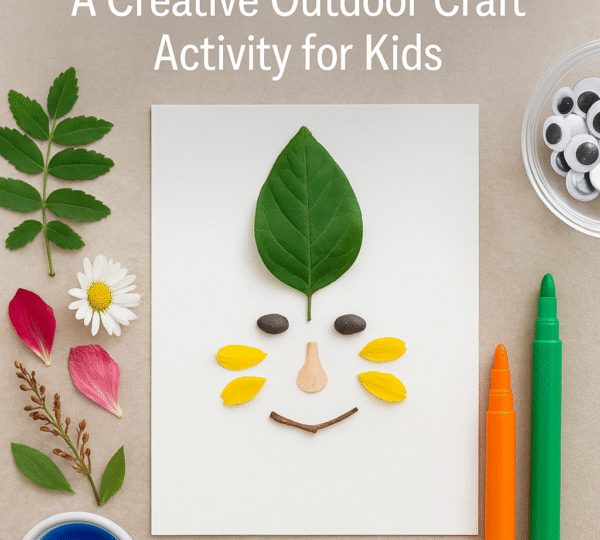 Flat lay of a nature-inspired portrait for kids made from leaves, petals, seeds, and twigs, with craft tools like markers and googly eyes on a beige background