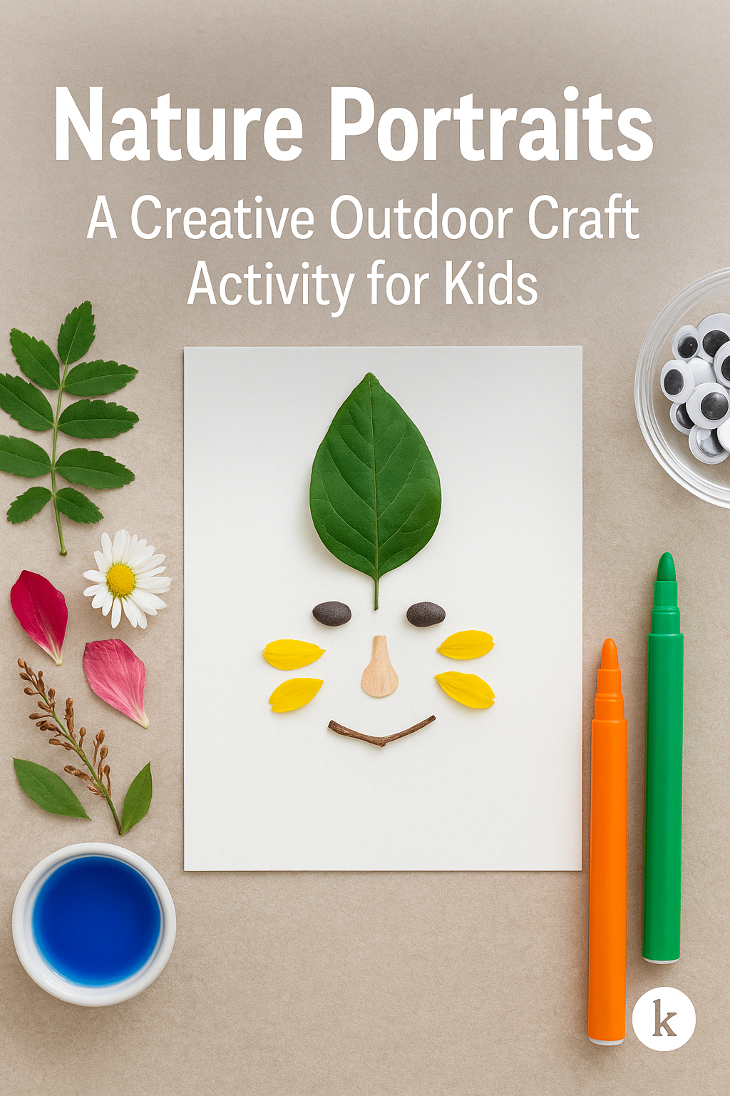 Nature Portraits - Kids Activities Flat lay of a nature-inspired portrait for kids made from leaves, petals, seeds, and twigs, with craft tools like markers and googly eyes on a beige background